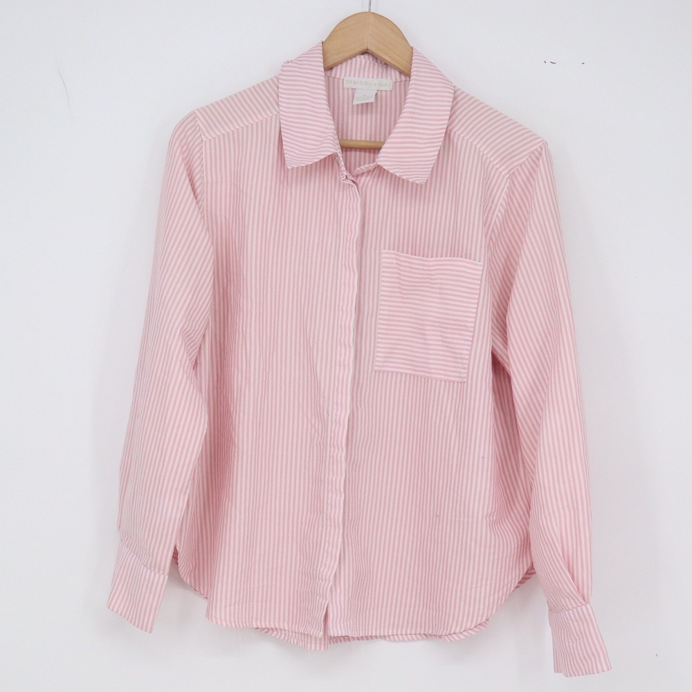 Design History Button-Down Womens M Striped Pink White Long Sleeve Good